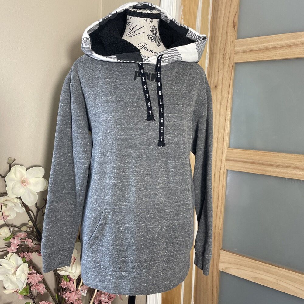 Victoria Secret PINK Gray Pullover Hoodie with Sherpa Lining Size XS Pockets
